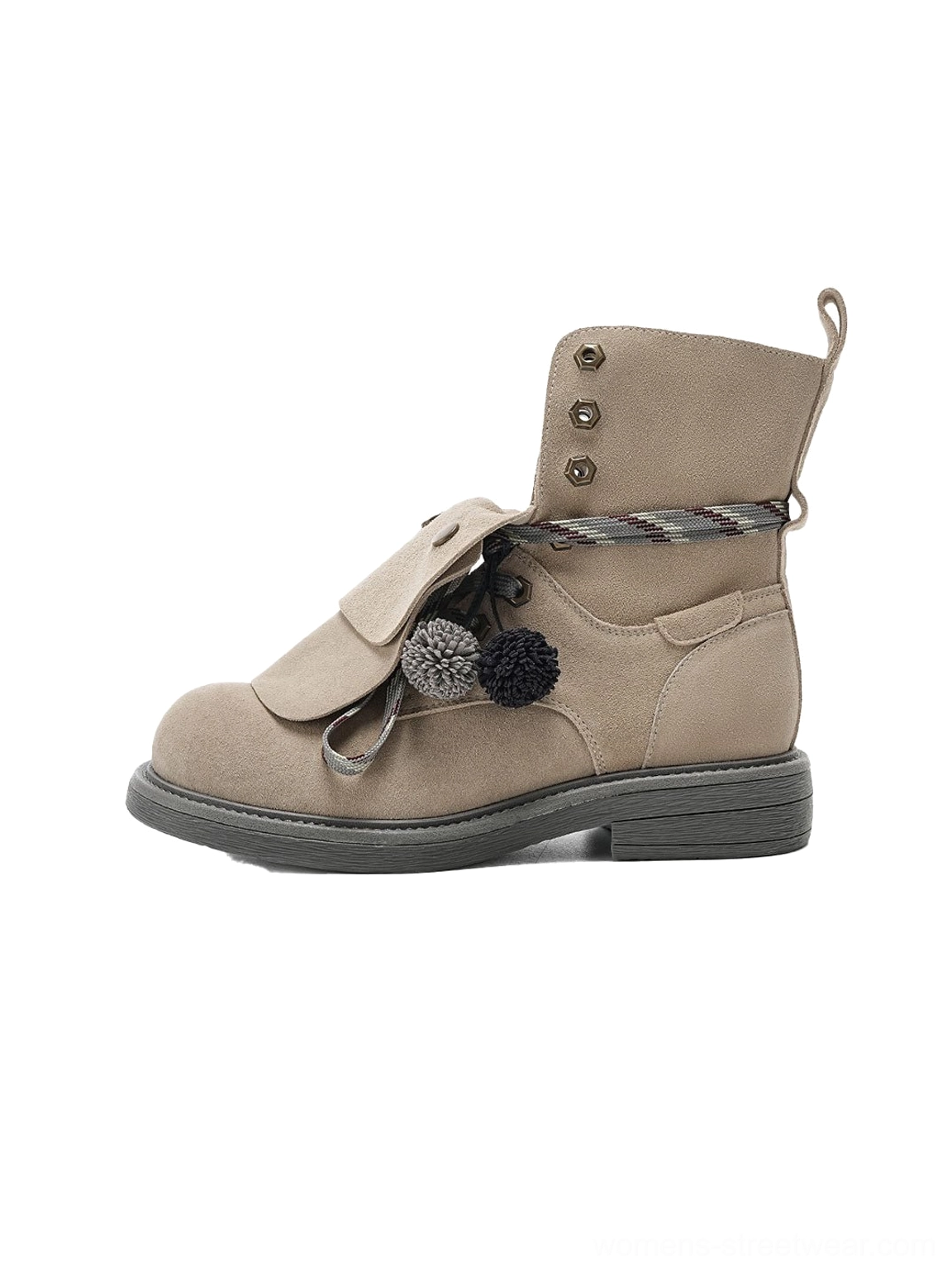 Apricot tassel-flap suede-look lace-up ankle boots with playful braided pom-pom details and a relaxed rounded-toe silhouette