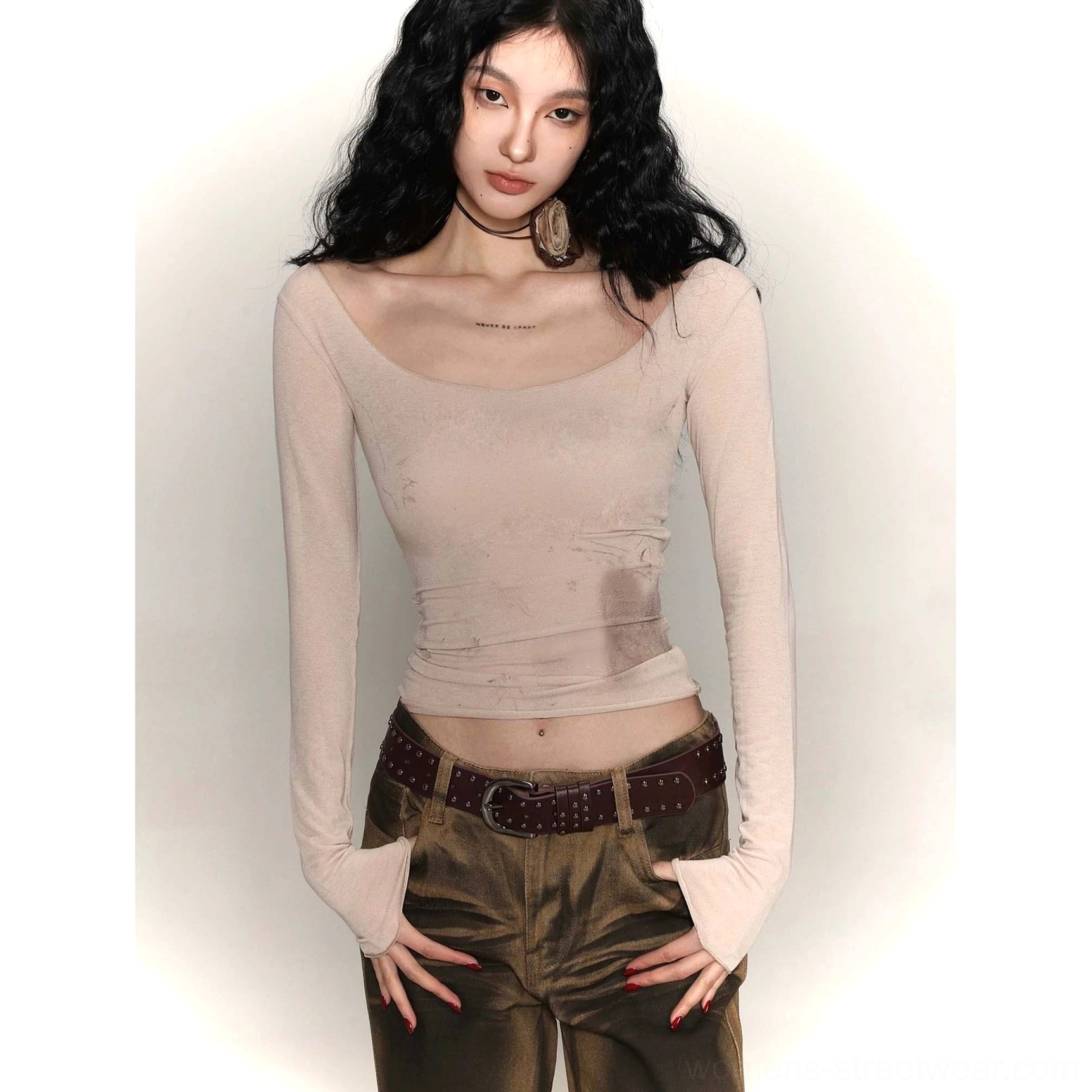 Apricot tie-dye wide collar long sleeve base layer with corset-inspired streetwear styling