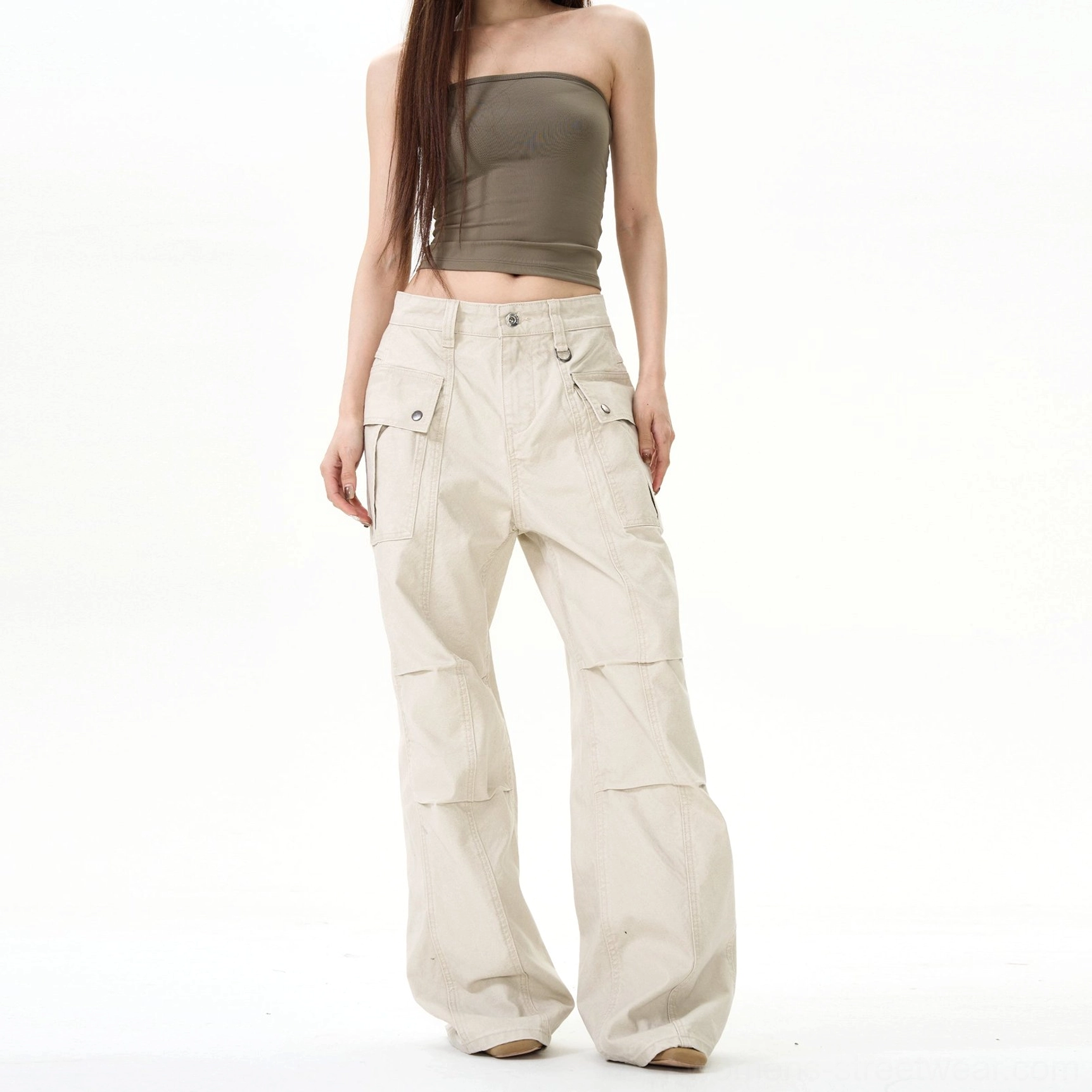 Apricot vintage panel seam wide-leg streetwear cargo pants with washed finish, utility pockets, and relaxed baggy silhouette