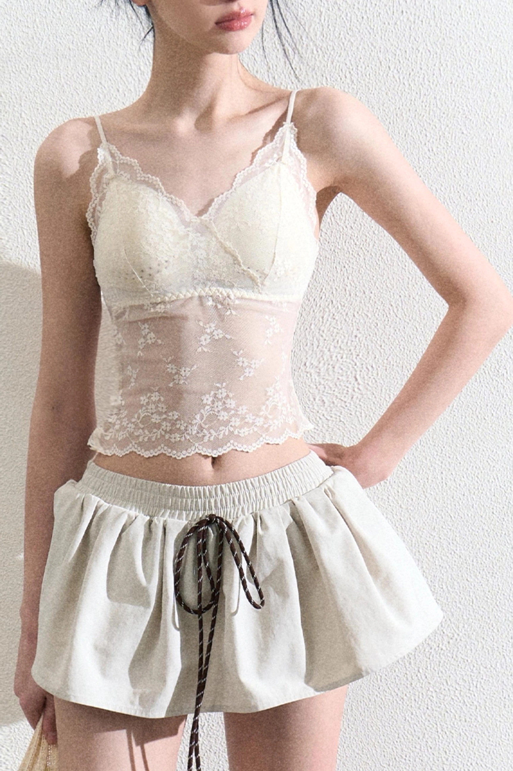 Apricot white lace camisole top with sheer bodice and scalloped trim for Acubi inspired layering