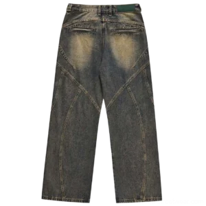 Back flat lay view of vintage acid wash straight-leg jeans with dual rear patch pockets, curved leg seam detailing, dark indigo denim, and faded yellow wash accents