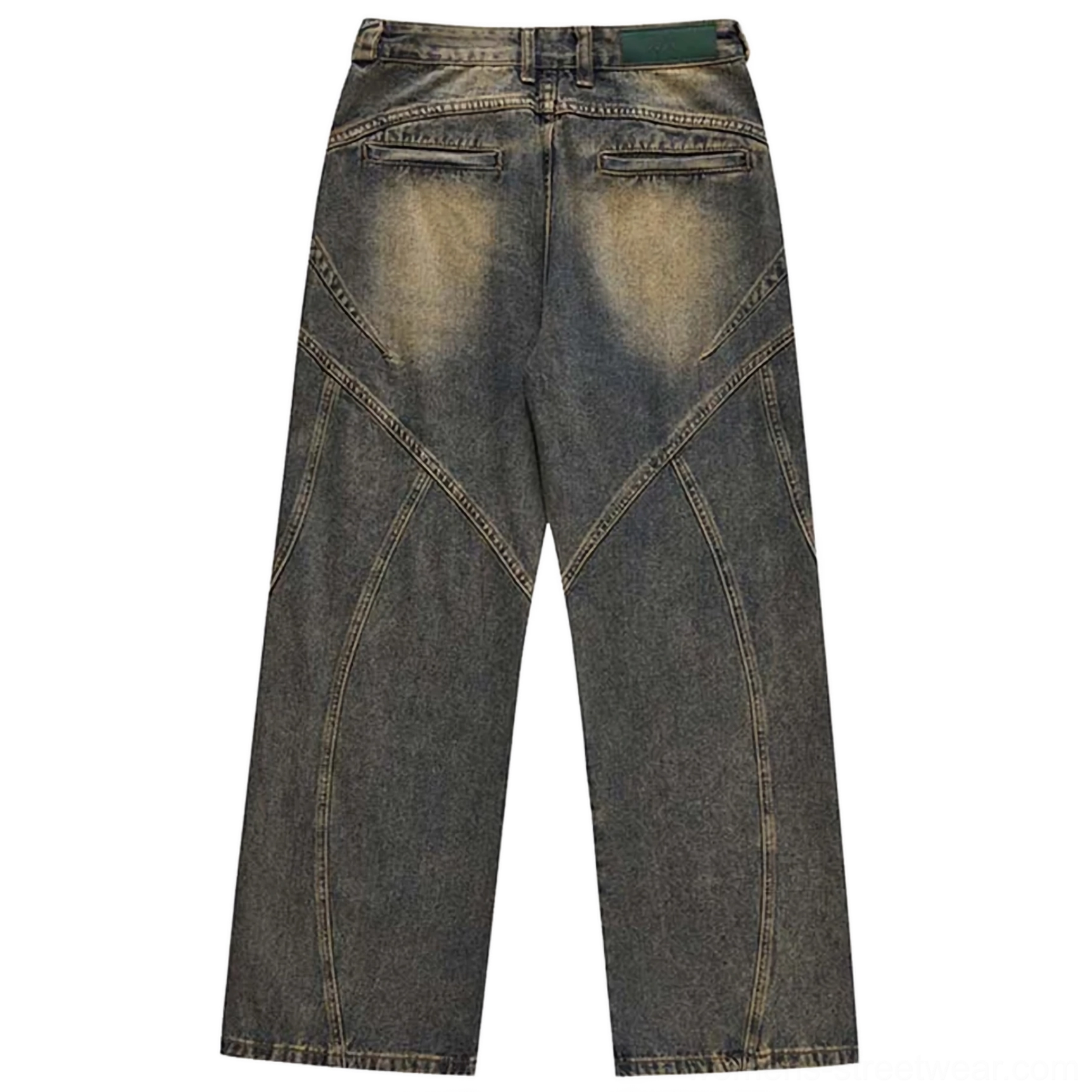 Back flat lay view of vintage acid wash straight-leg jeans with dual rear patch pockets, curved leg seam detailing, dark indigo denim, and faded yellow wash accents