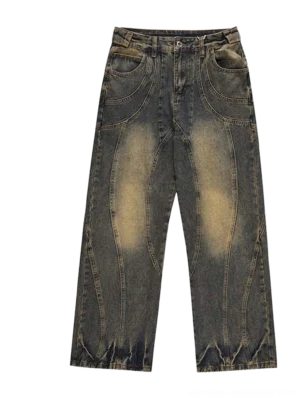 Front flat lay view of acid wash straight-leg denim jeans with curved architectural panel seams, faded yellow thigh accents, shaped front pockets, and crushed hems