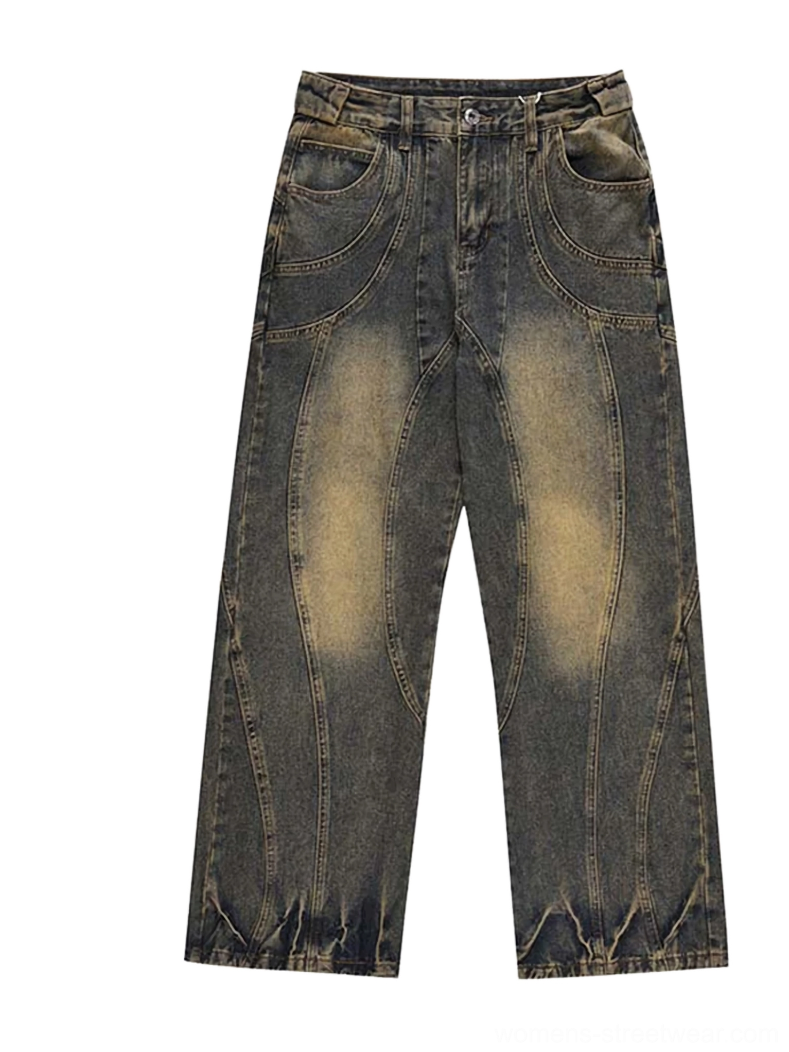 Front flat lay view of acid wash straight-leg denim jeans with curved architectural panel seams, faded yellow thigh accents, shaped front pockets, and crushed hems