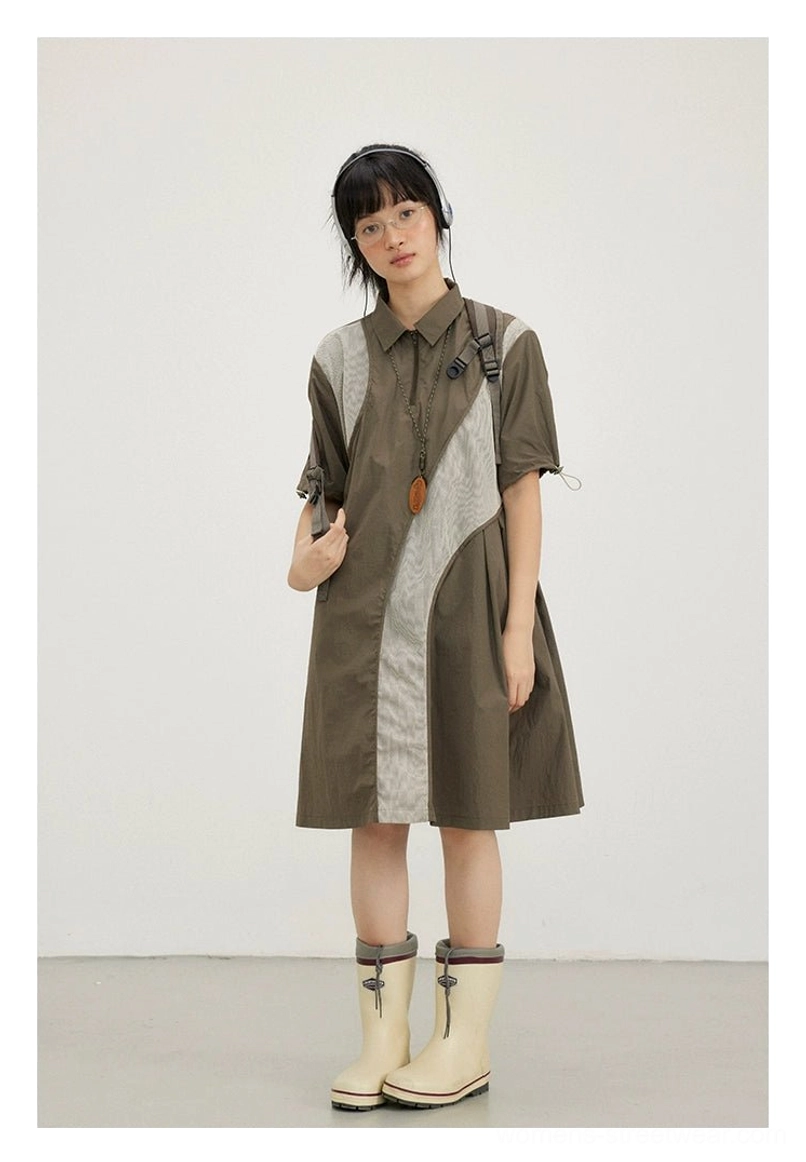 Army brown colorblock shirt dress with hidden side pockets and structured relaxed silhouette in a three-quarter view