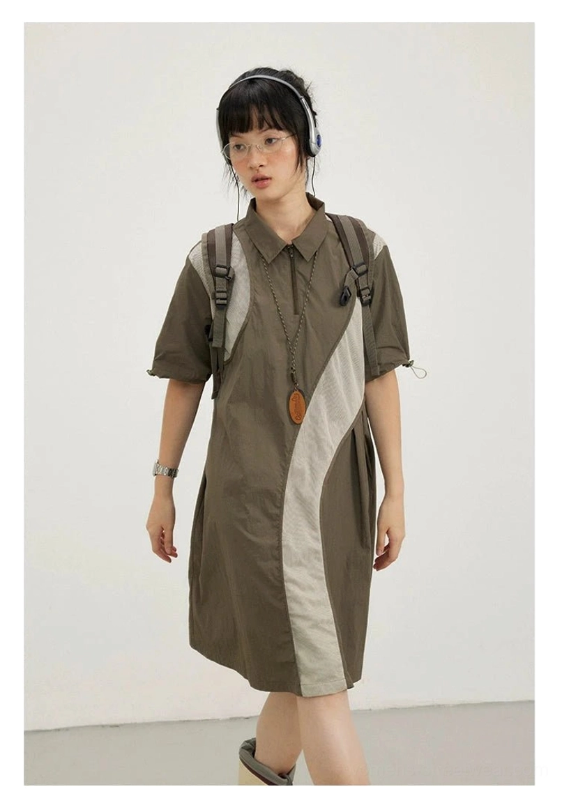 Army brown and light gray colorblock oversized shirt dress with partial button placket, collar, and short sleeves