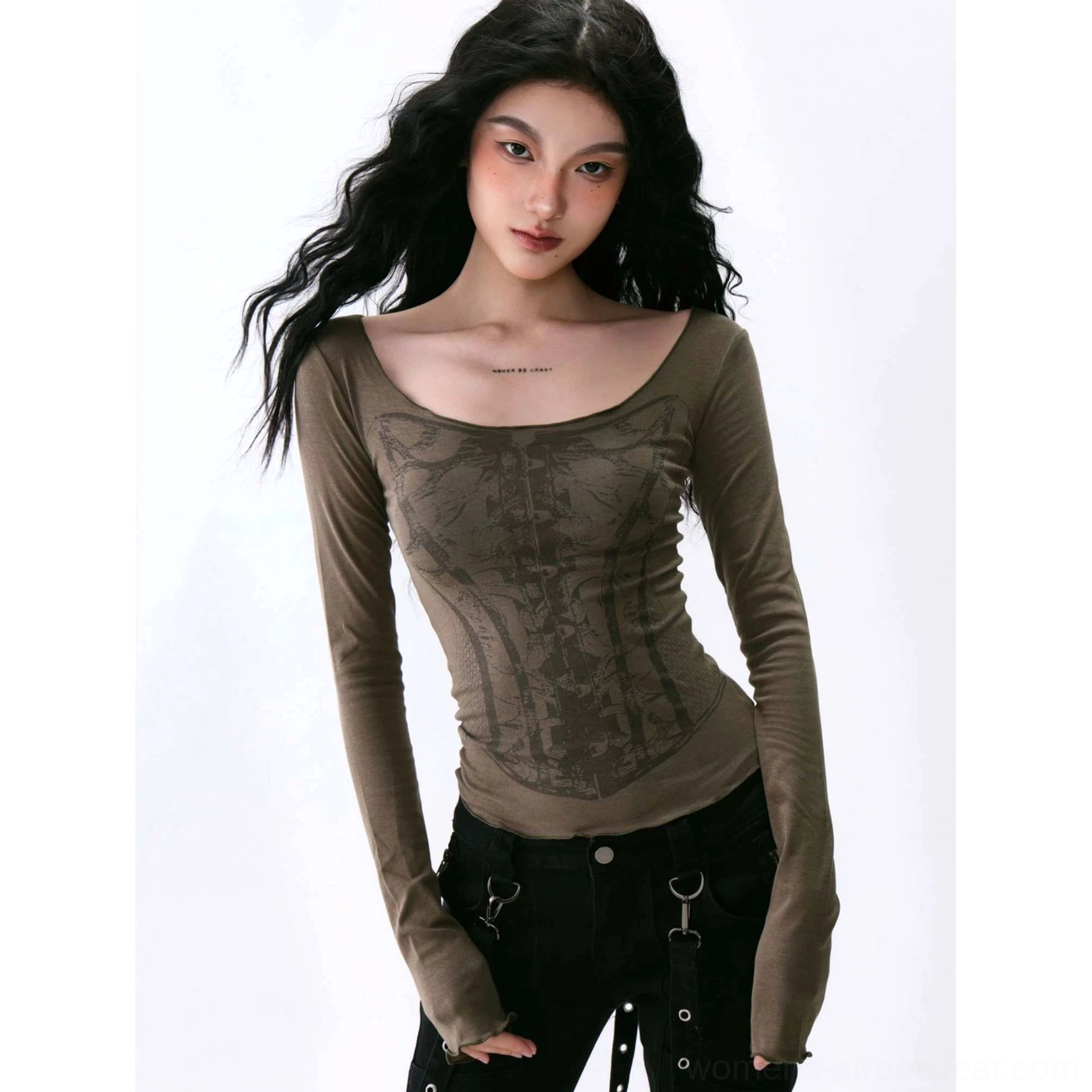 Army green deep U-neck long sleeve base layer top with a fitted Acubi streetwear silhouette