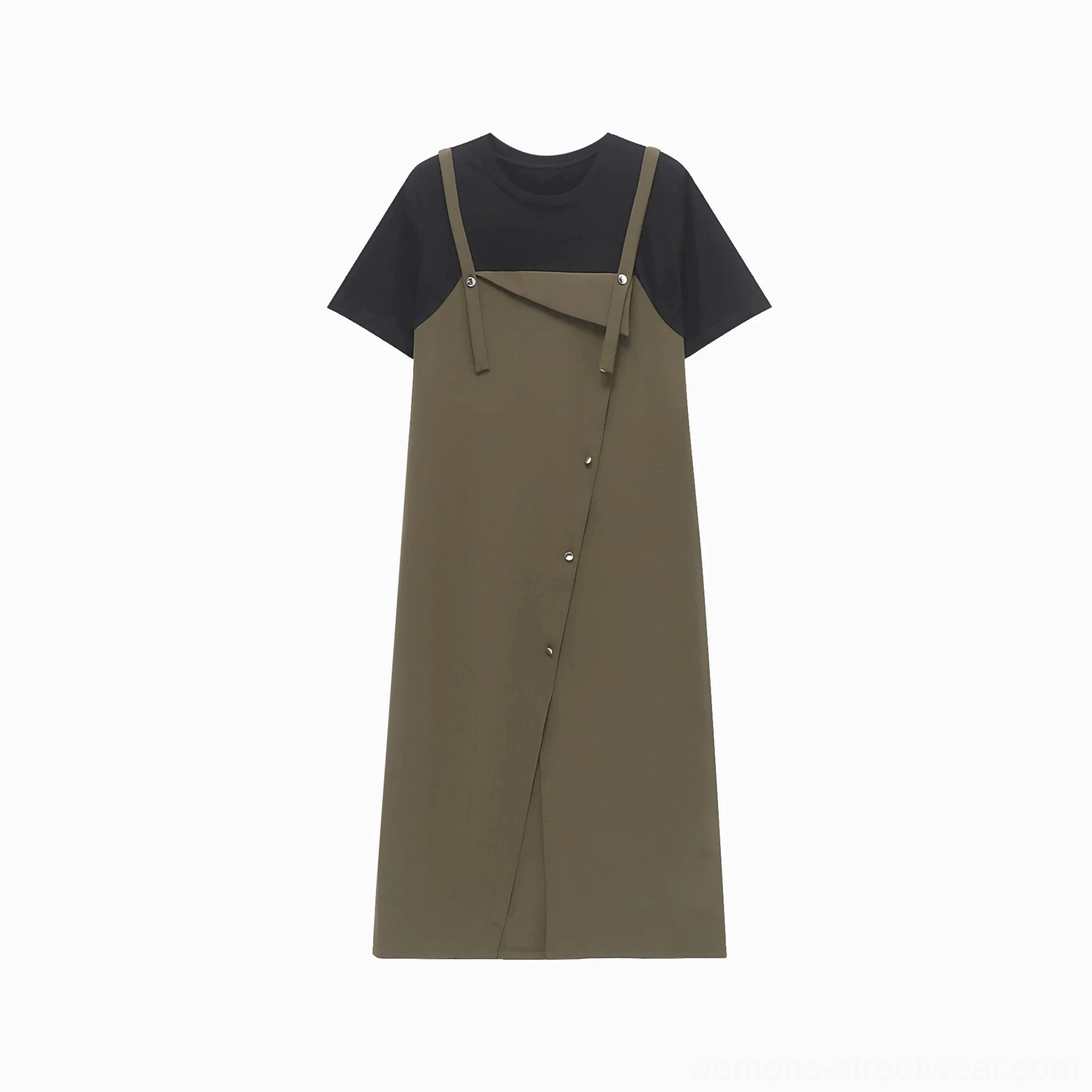Flat lay view of an army green layered tee pinafore midi dress with black short-sleeve T-shirt underlayer and diagonal metal buttons