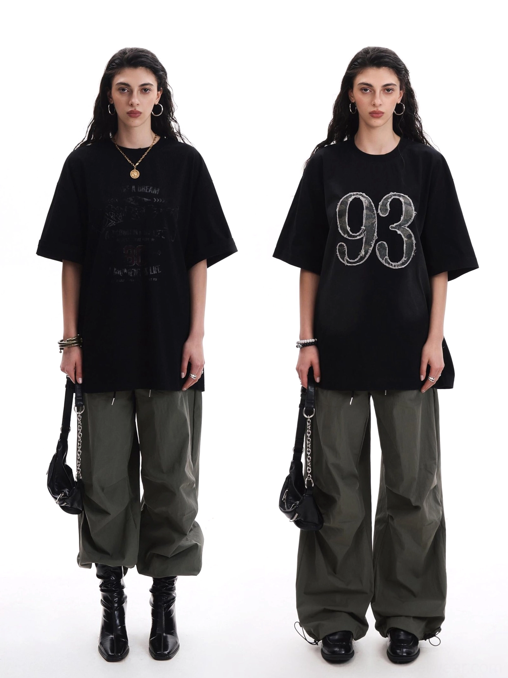 Two models wearing army green parachute wide-leg streetwear pants with oversized black T-shirts, ankle boots, and handbags