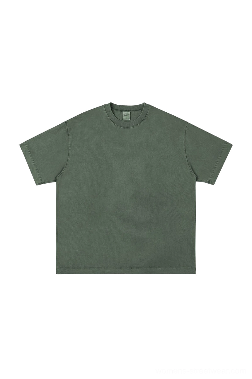 Army green pigment-washed oversized short sleeve cotton T-shirt with relaxed utility streetwear styling