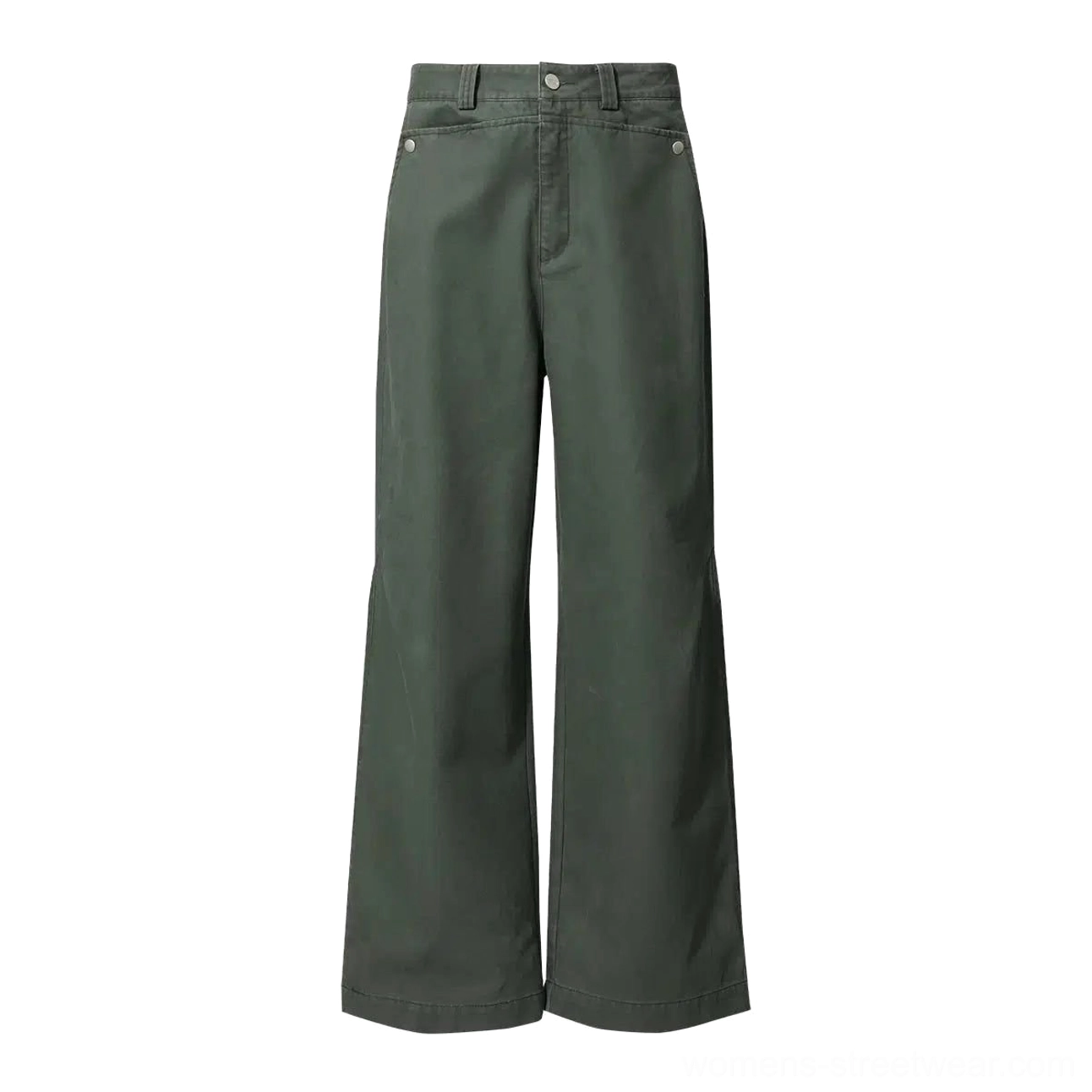 Flat lay of army green wide-leg workwear denim jeans showing belt loops classic pockets straight wide legs and utility cuff details
