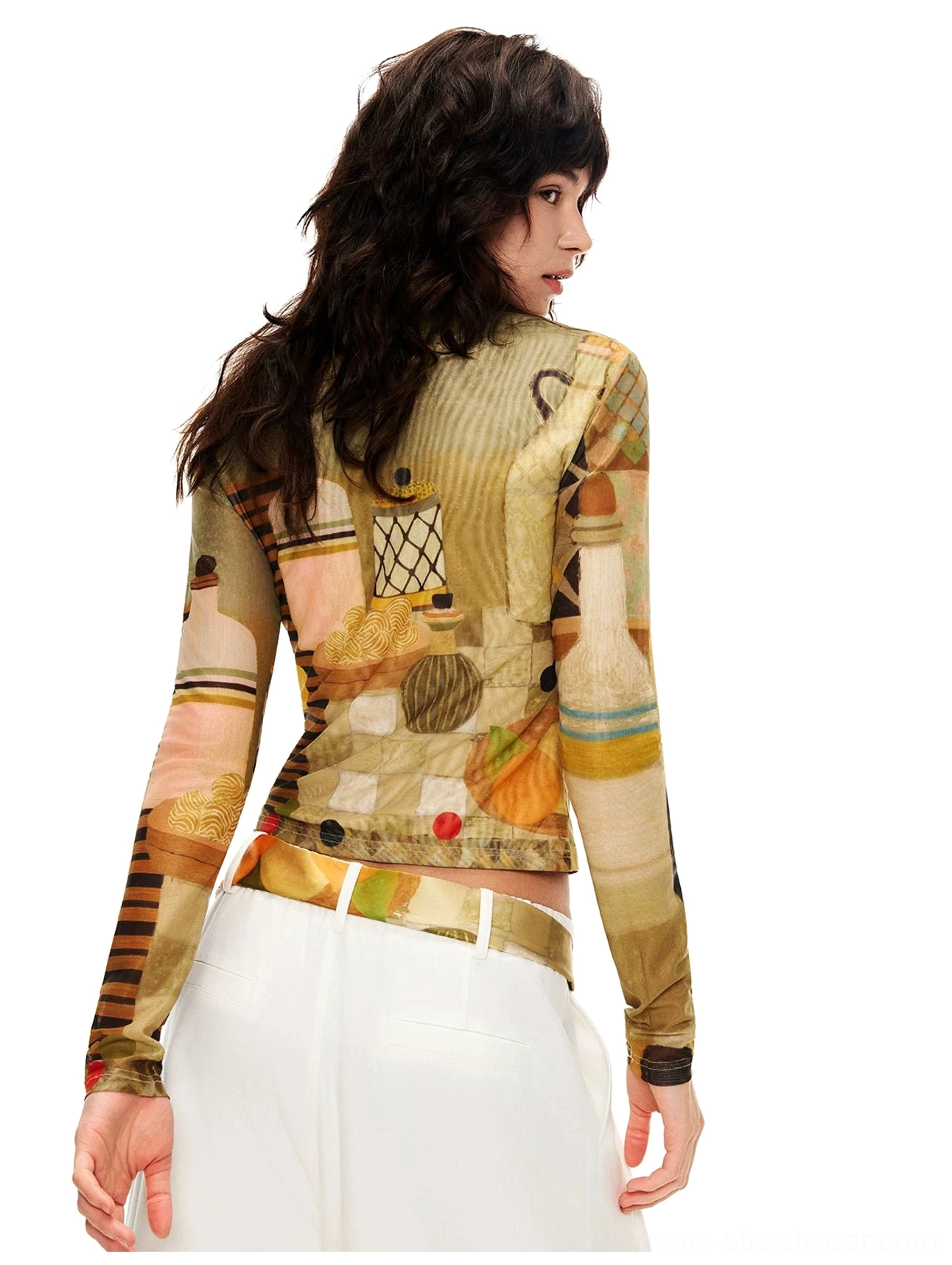 Art still life cat print sheer mesh long sleeve crop top back view showing painterly patchwork print