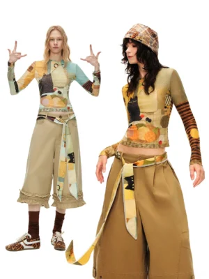 Art still life cat print sheer mesh long sleeve crop top shown on two models in a white studio