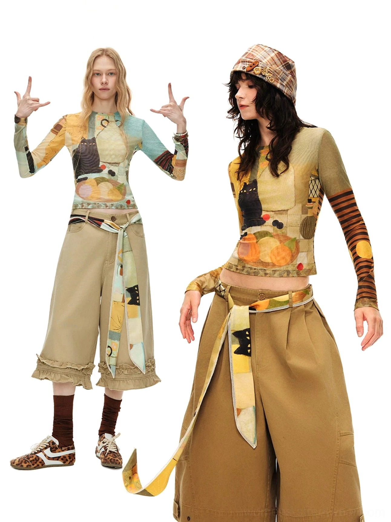 Art still life cat print sheer mesh long sleeve crop top shown on two models in a white studio