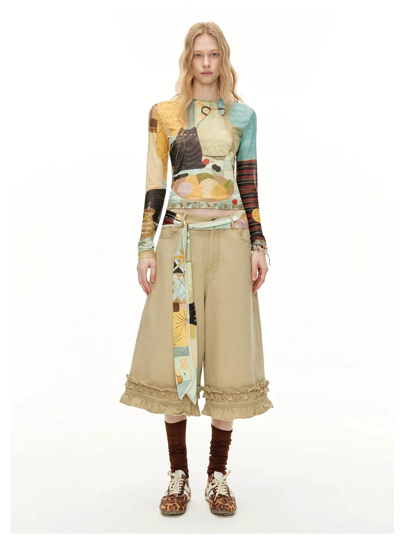 Art still life cat print sheer mesh long sleeve crop top front product detail