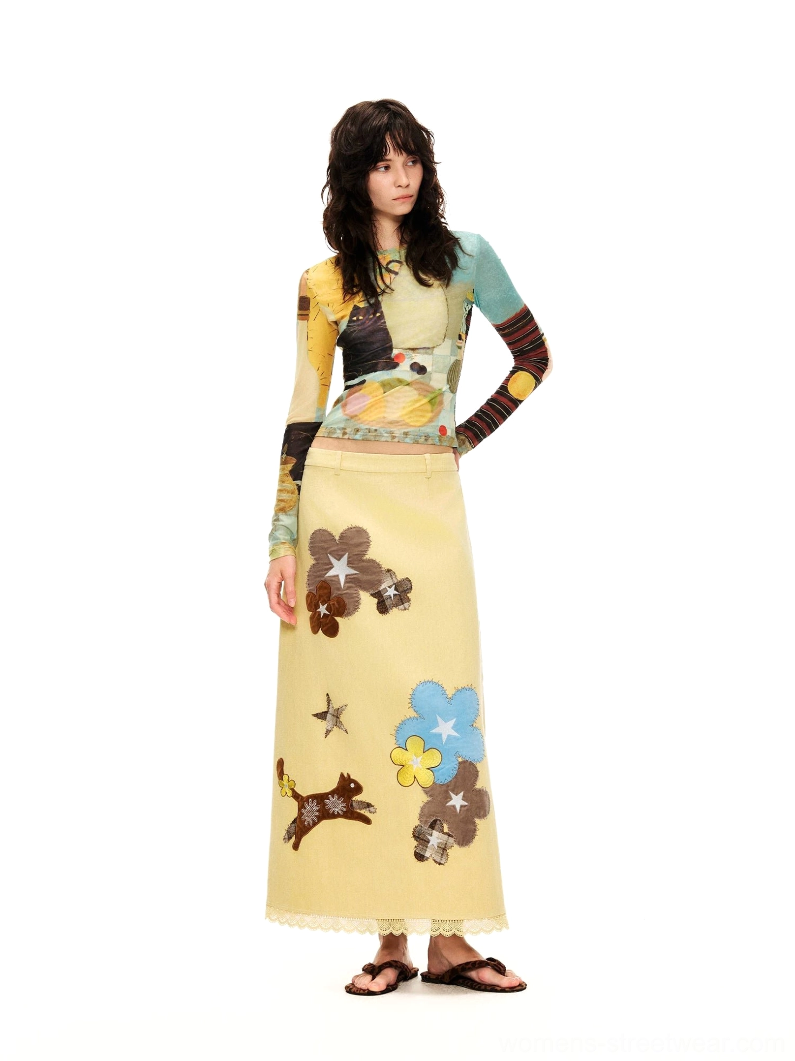 Art still life cat print sheer mesh long sleeve crop top styled with a matching printed midi skirt