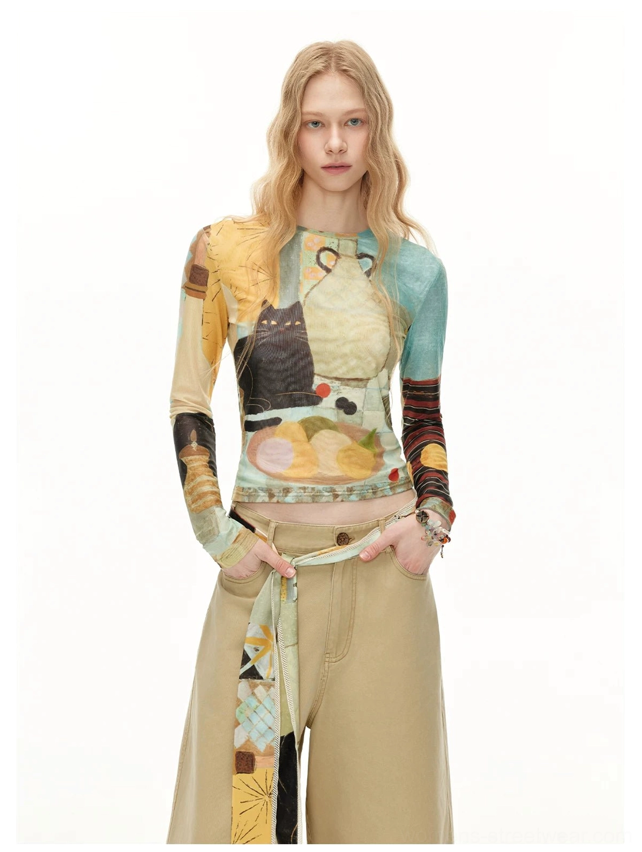 Art still life cat print sheer mesh long sleeve crop top close-up showing stretch mesh artwork
