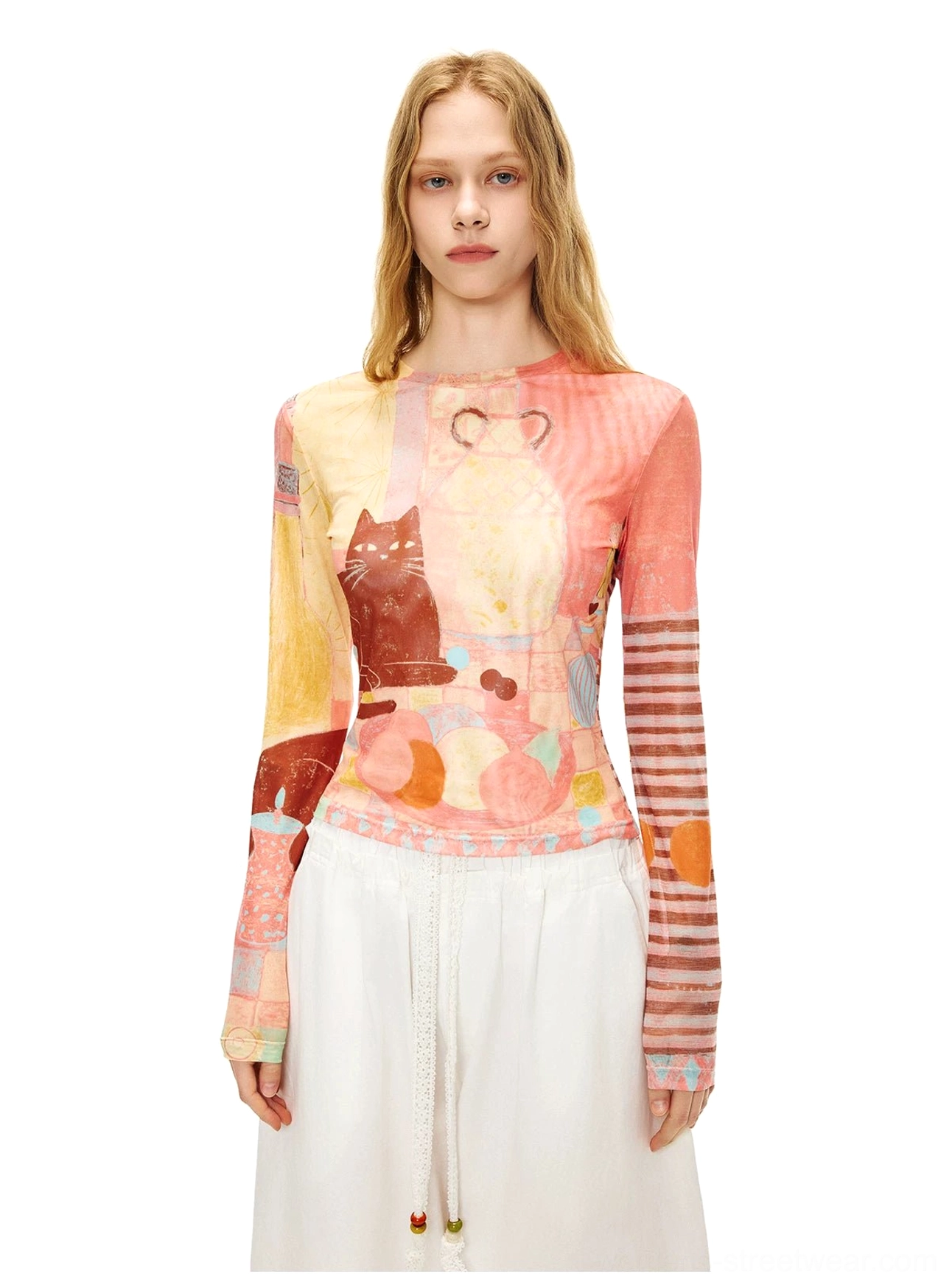 Pink tone art still life cat print sheer mesh long sleeve crop top with white drawstring skirt