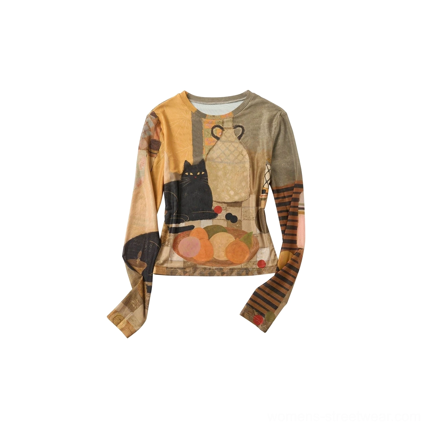 Pottery Palm art still life cat print sheer mesh long sleeve crop top color option