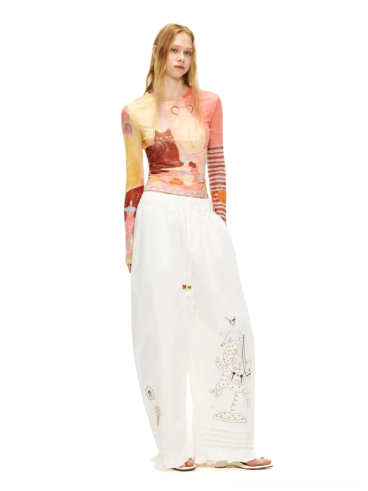 Art still life cat print sheer mesh long sleeve crop top detailed product view