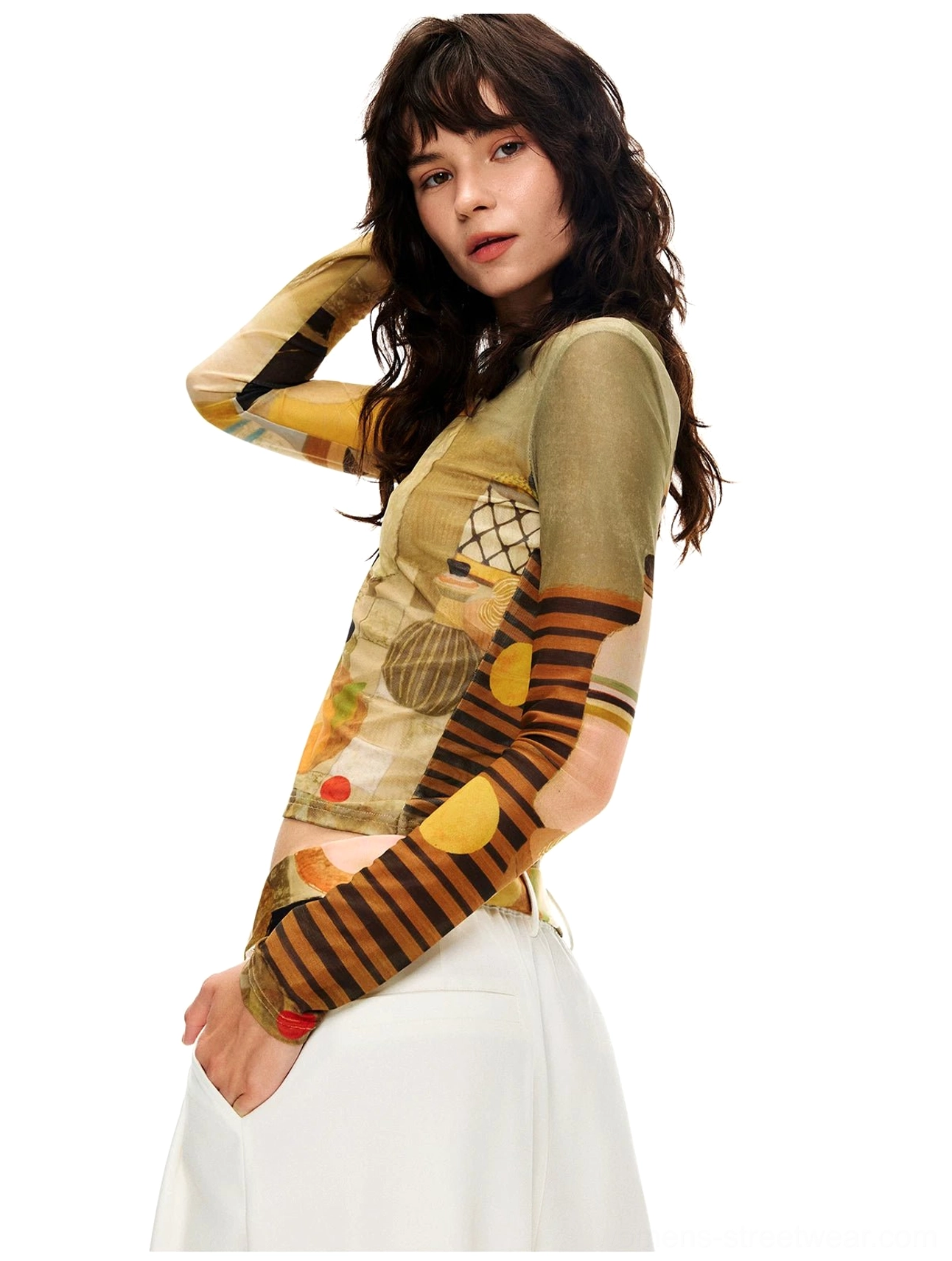 Slim fit art still life cat print sheer mesh long sleeve crop top with contrast striped sleeves