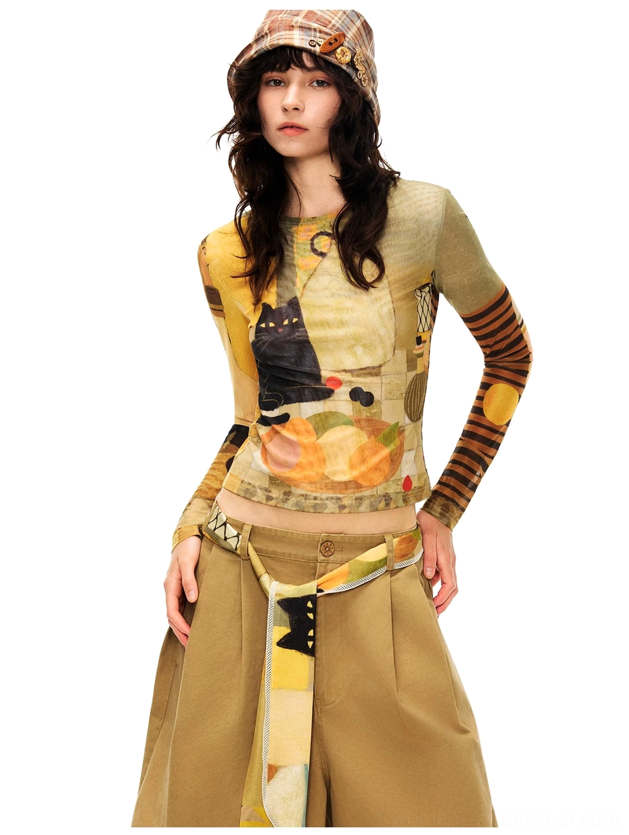 Art still life cat print sheer mesh long sleeve crop top styled with brown wide leg pants and bucket hat