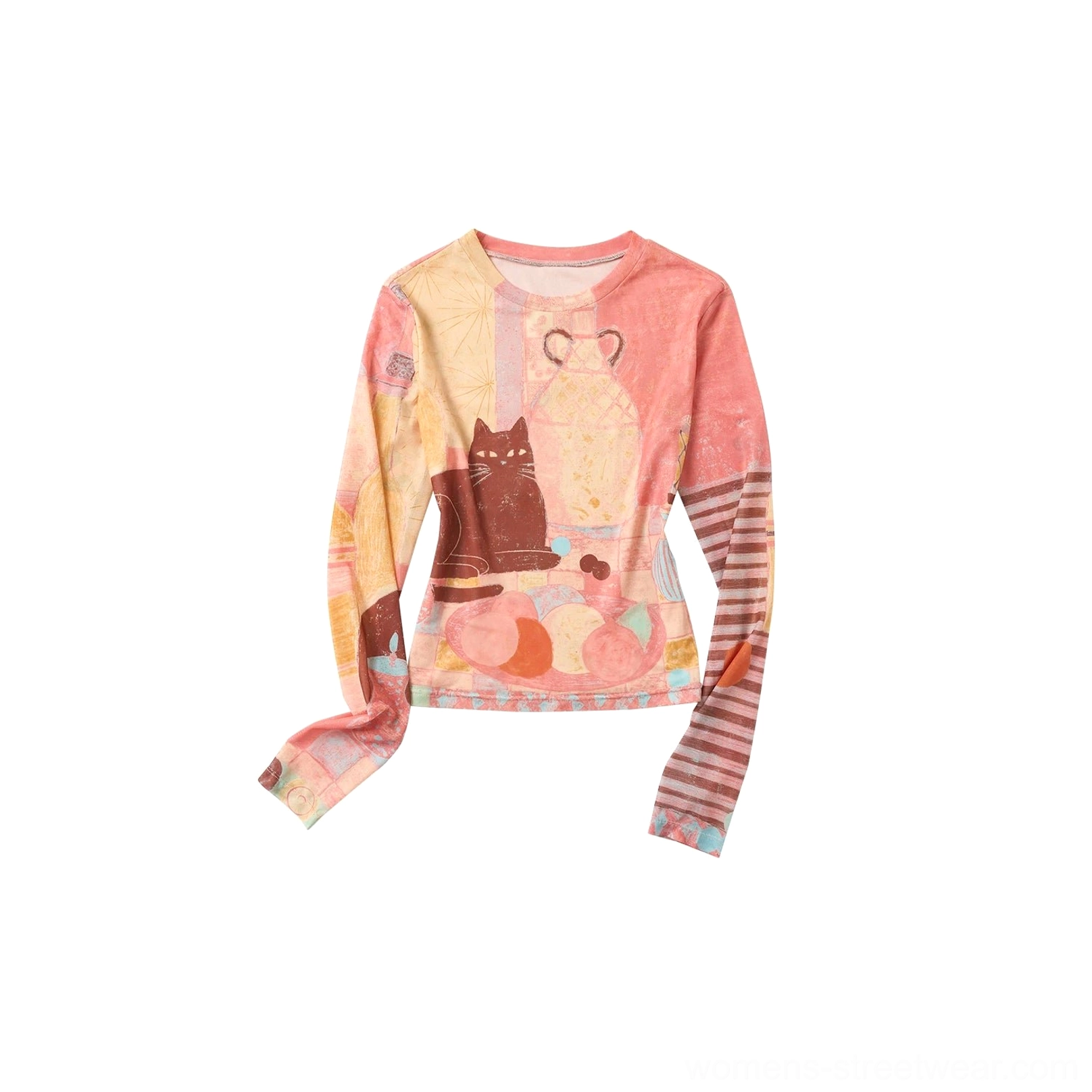 Tachibana Powder art still life cat print sheer mesh long sleeve crop top color option