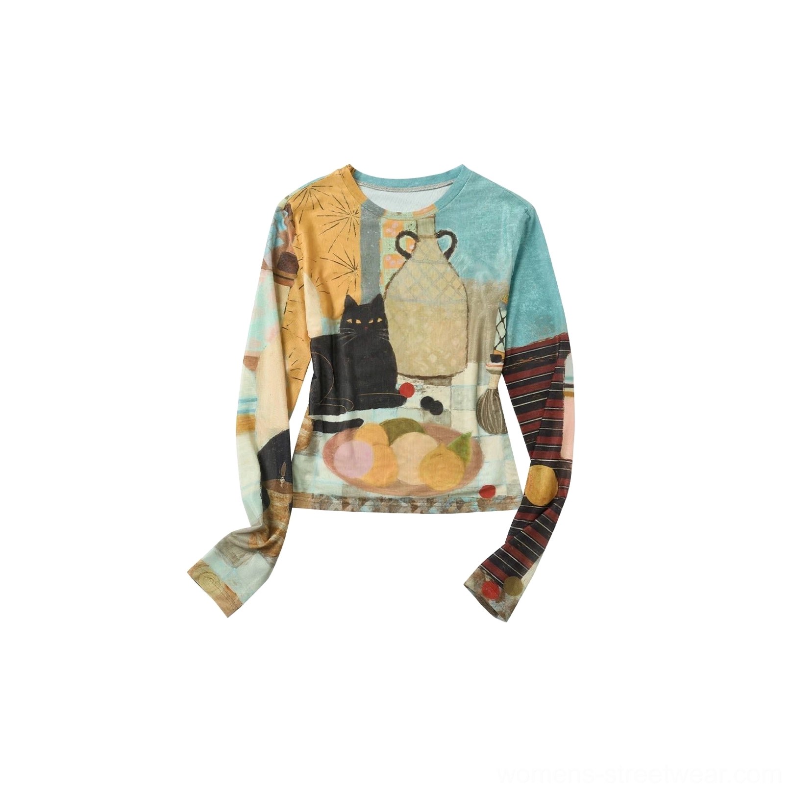 Water Blue art still life cat print sheer mesh long sleeve crop top color option