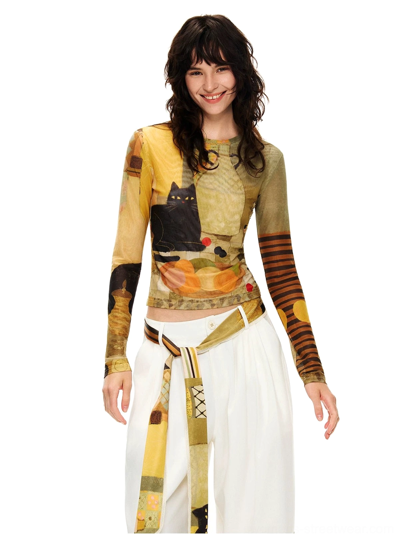 Warm yellow art still life cat print sheer mesh long sleeve crop top front portrait view