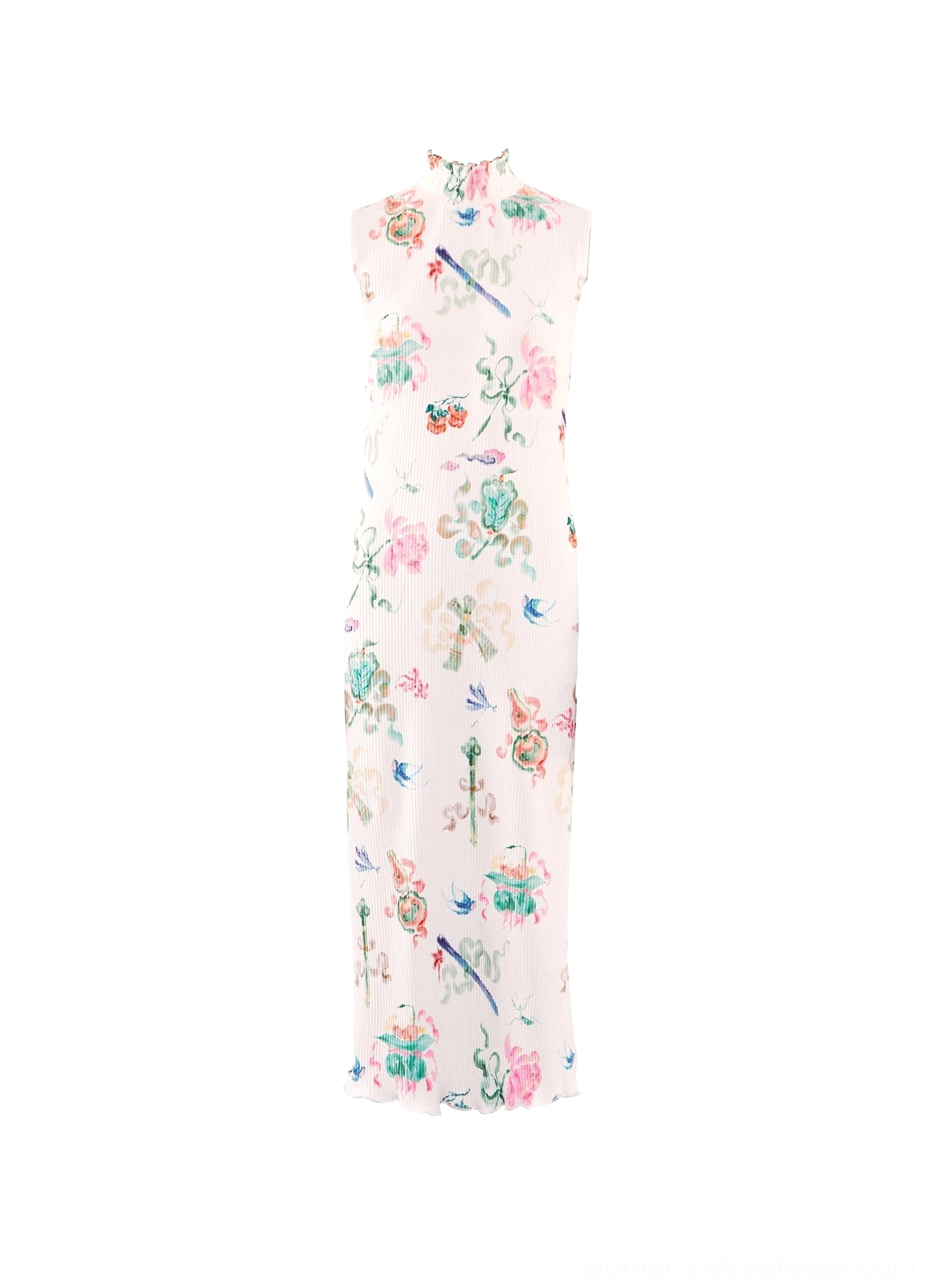 Artistic sleeveless floral qipao dress with stand collar, fitted midi length, white ribbed base, and full watercolor flower print