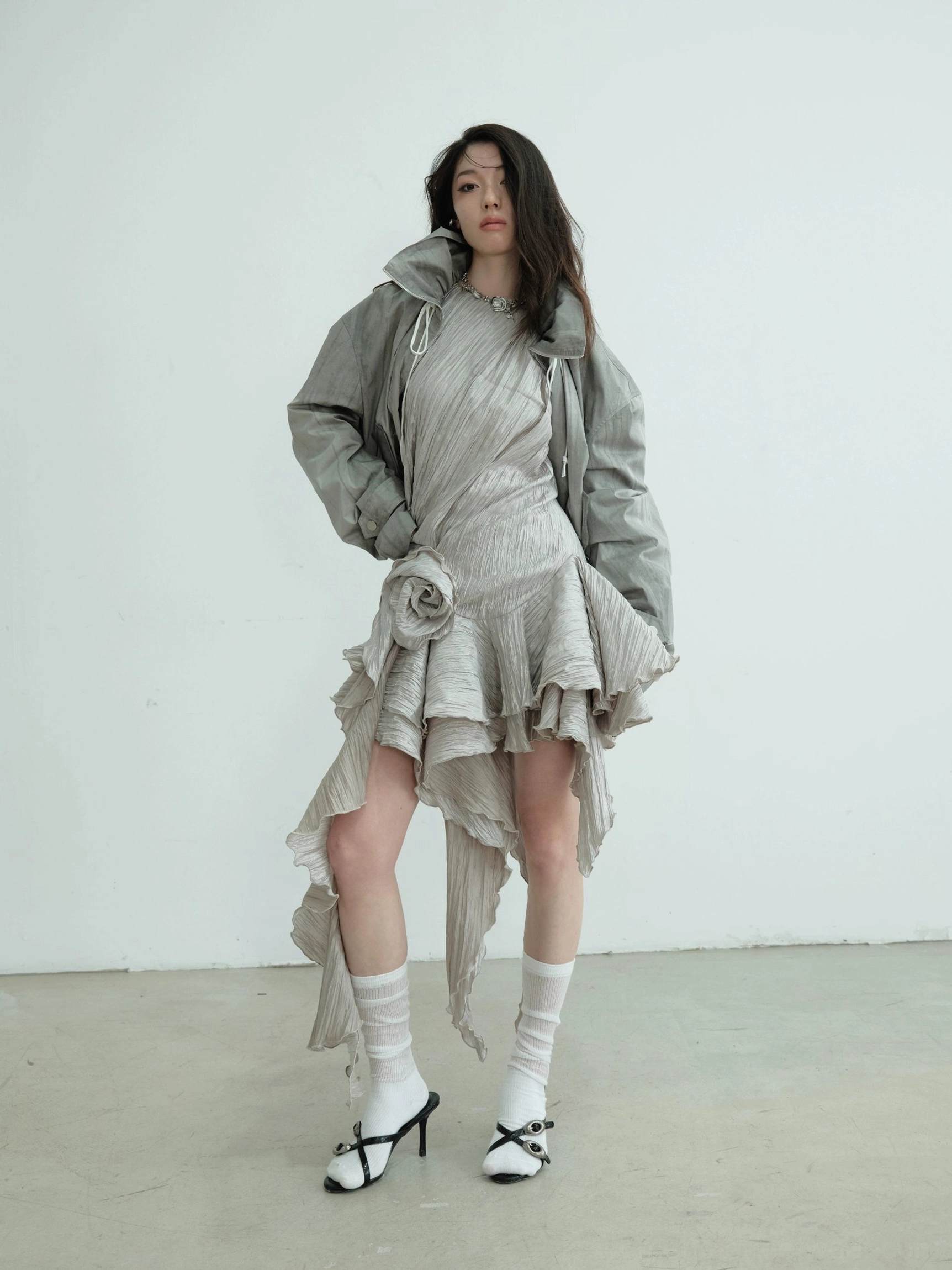 Asymmetric metallic ruffle hem party mini dress product image in ash with halter silhouette and sculptural high-low hem
