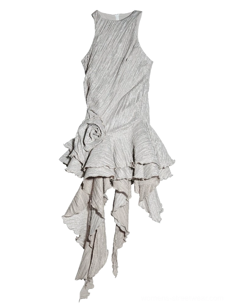 Ash asymmetric metallic ruffle hem party mini dress with crinkled texture, halter neckline, floral accent, and statement high-low hem