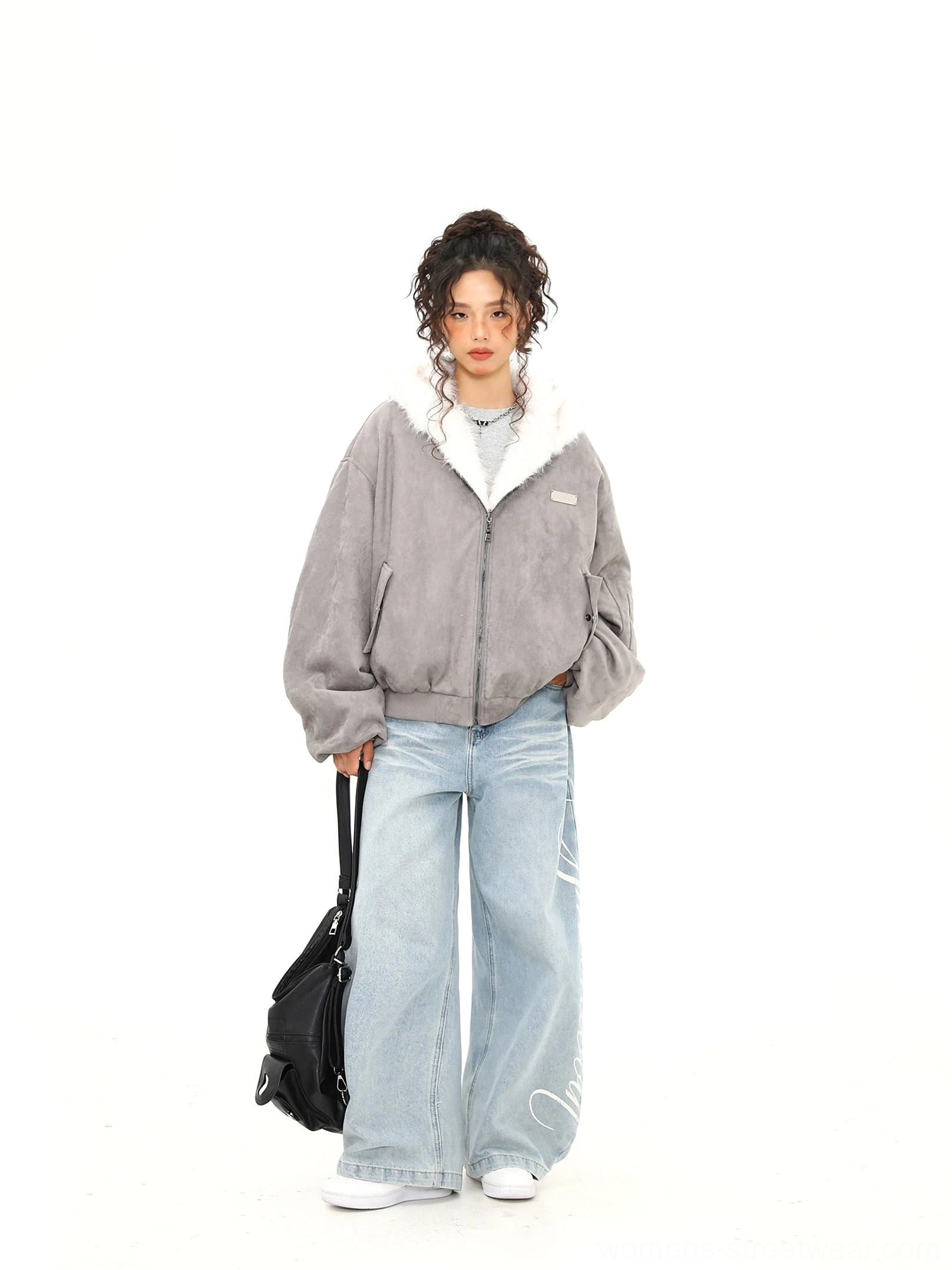 Side view of ash gray faux shearling collar bomber jacket with relaxed oversized silhouette and zip front