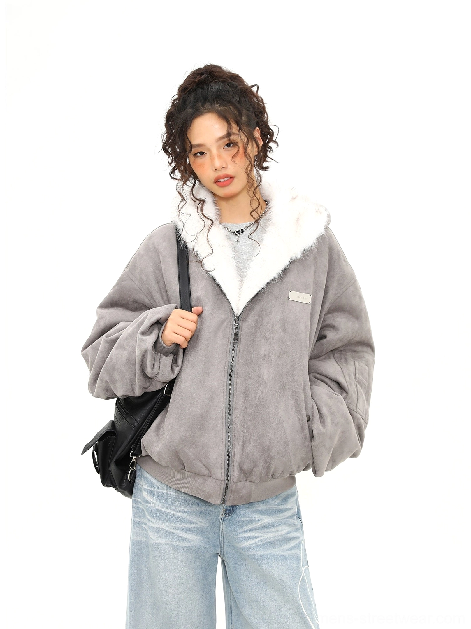 Ash gray oversized reversible faux shearling bomber jacket side front view showing utility pockets and suede-look texture