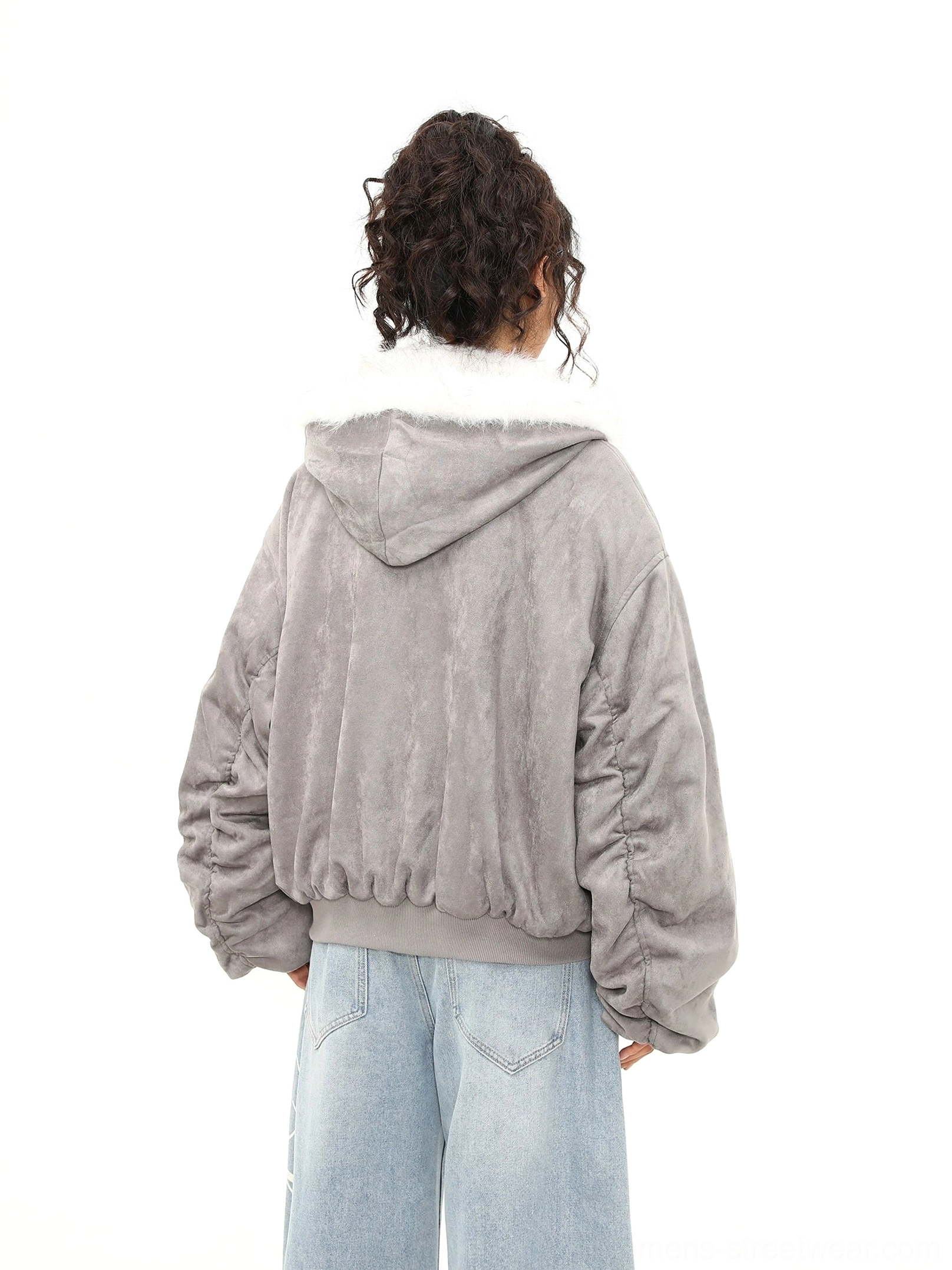 Back view of ash gray reversible faux shearling bomber jacket showing the oversized silhouette and ribbed waistband