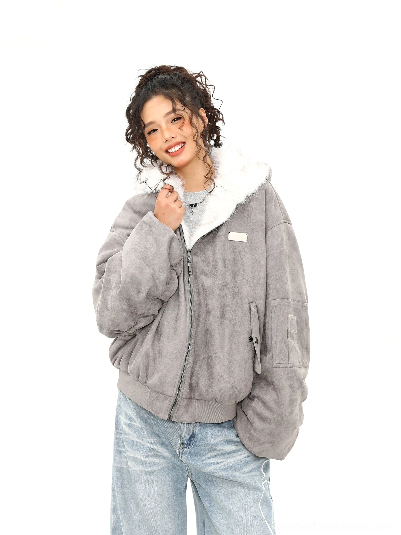 Ash gray reversible faux shearling collar bomber jacket shown in a front three-quarter close-up with oversized streetwear fit