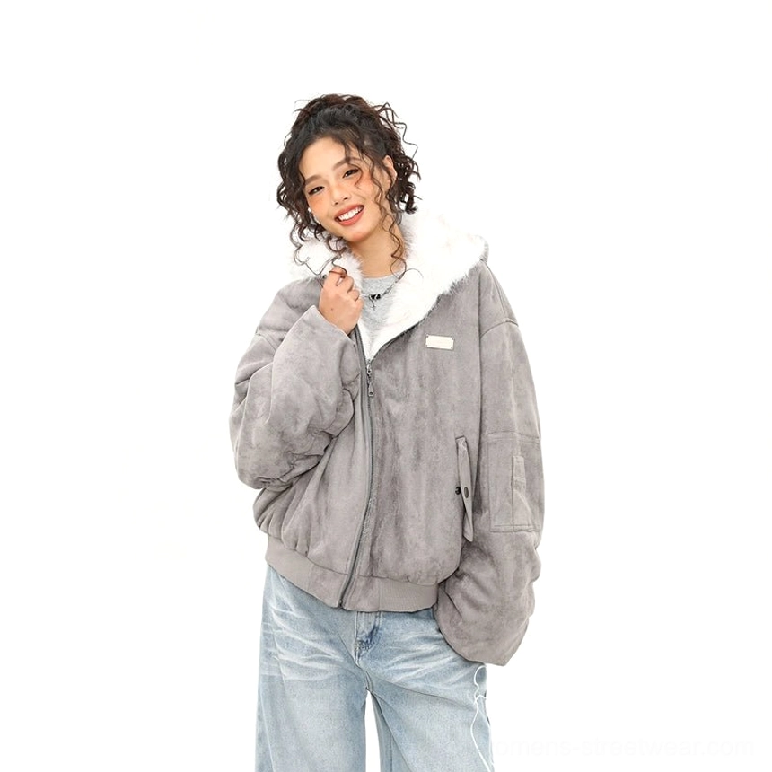 Ash gray reversible faux shearling collar bomber jacket front close-up showing front zipper and soft suede-textured finish