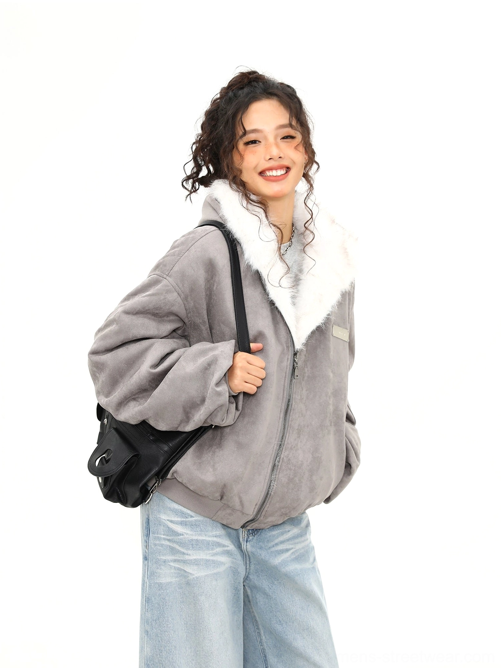 Ash gray reversible faux suede and faux shearling bomber jacket with fluffy white collar in a Seoul streetwear outfit