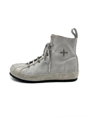 Ash grey distressed leather cross lace-up high-top streetwear boots shown in left side front view