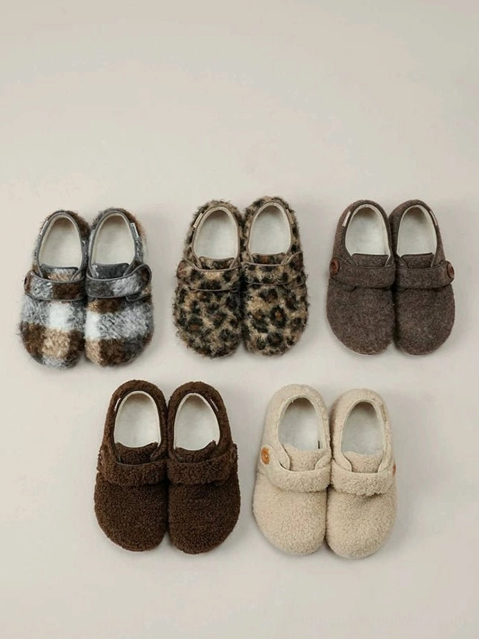 Assorted cozy Mary Jane fleece slippers displayed together in beige, coffee brown, leopard print, and plaid textured styles