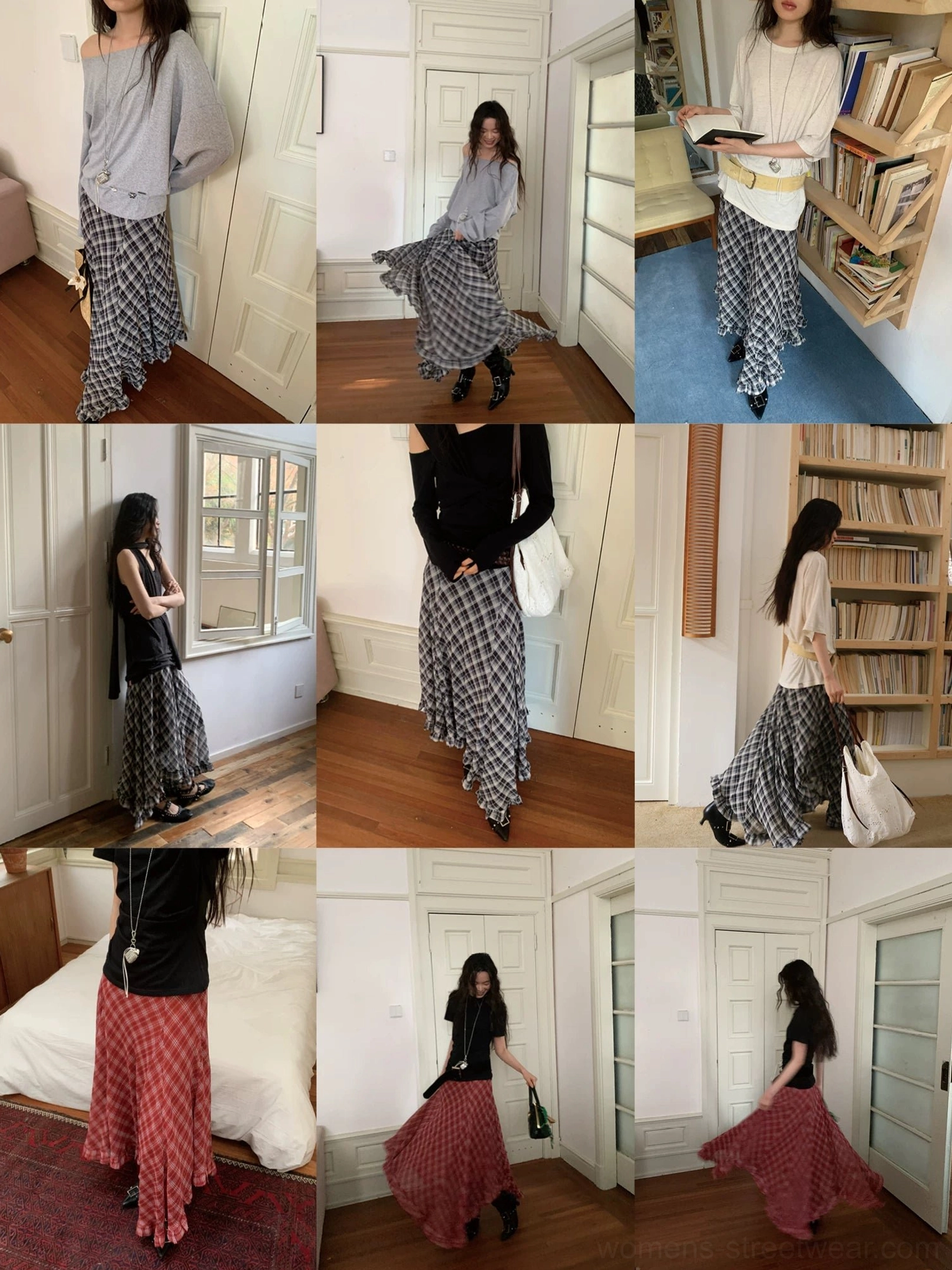 Assorted plaid chiffon asymmetric hem skirts in multiple color patterns with flowing layered maxi silhouettes