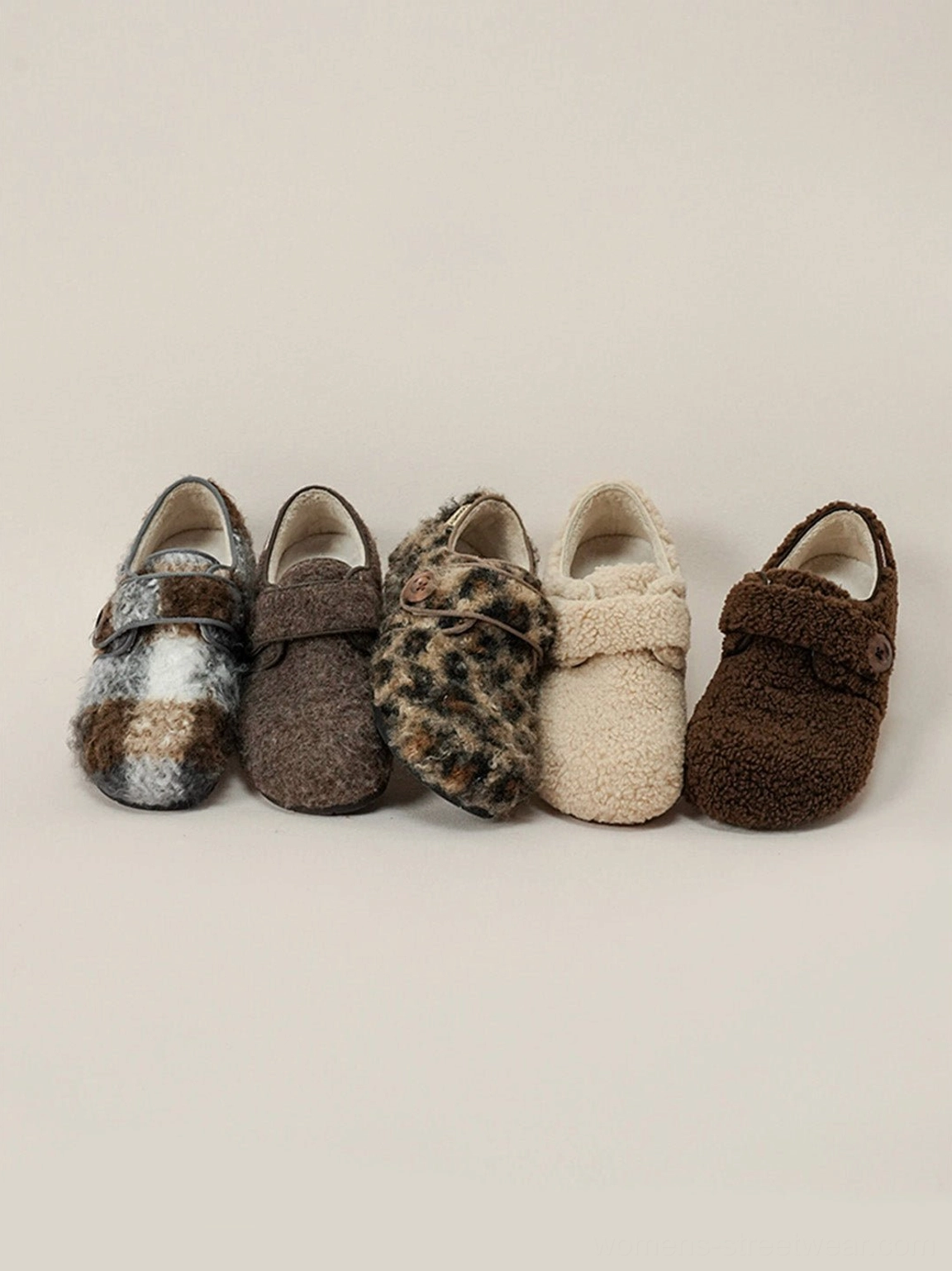 Assorted plush faux fur Velcro slip-on shoes displayed in multiple textures and colors for Korean streetwear outfits