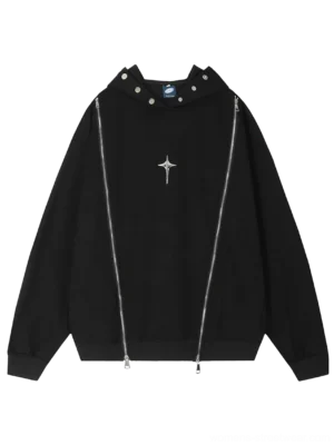 Black oversized hooded streetwear sweatshirt with silver dual zippers, snap-button collar, and cosmic cross-star chest emblem