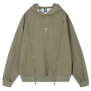 Khaki olive oversized streetwear hooded sweatshirt with silver star chest emblem, diagonal zippers, ribbed cuffs, and hem