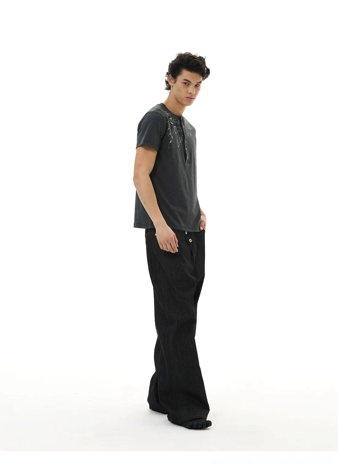 Asymmetric button placket wide-leg black denim jeans product image for avant-garde Korean streetwear styling