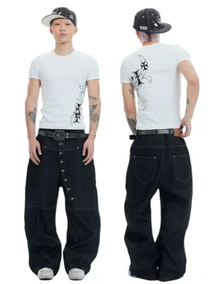 Asymmetric button wide-leg denim streetwear jeans shown in front and back studio views with contrast stitching and patch pockets