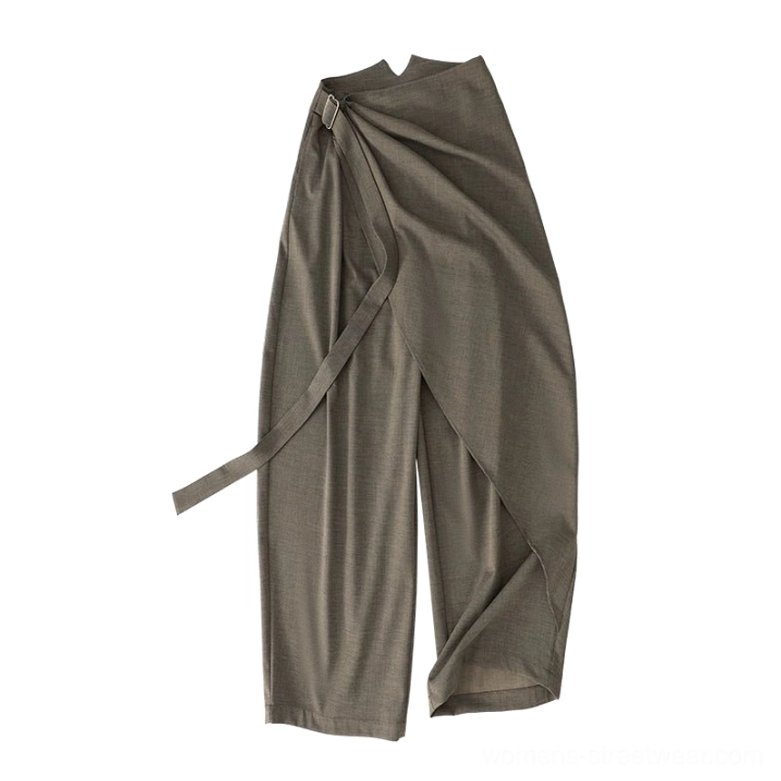Brown gray asymmetric draped wrap wide-leg streetwear pants color variant product view
