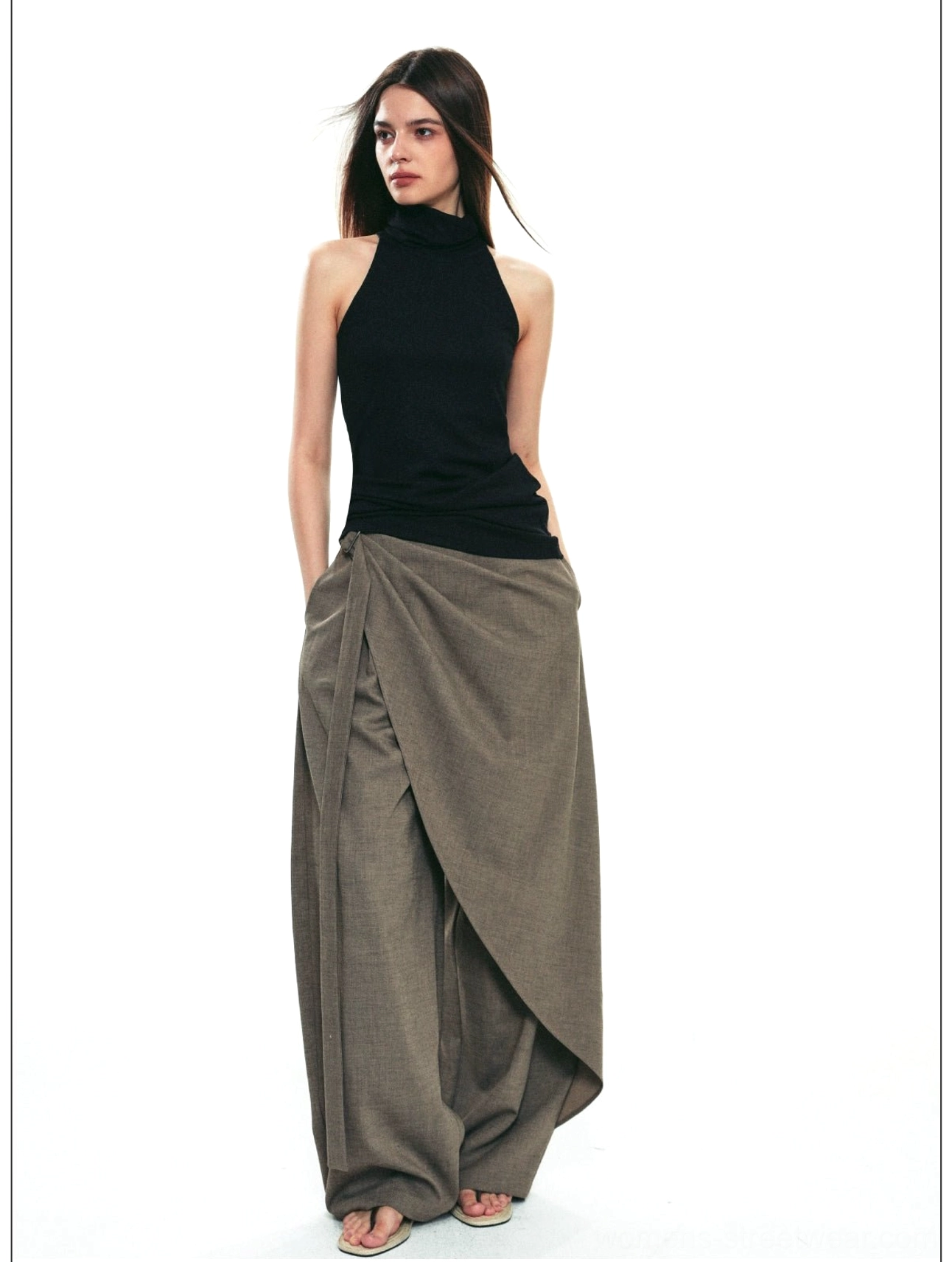 Asymmetric draped wrap wide-leg streetwear pants detailed product view showing elegant wide-leg construction