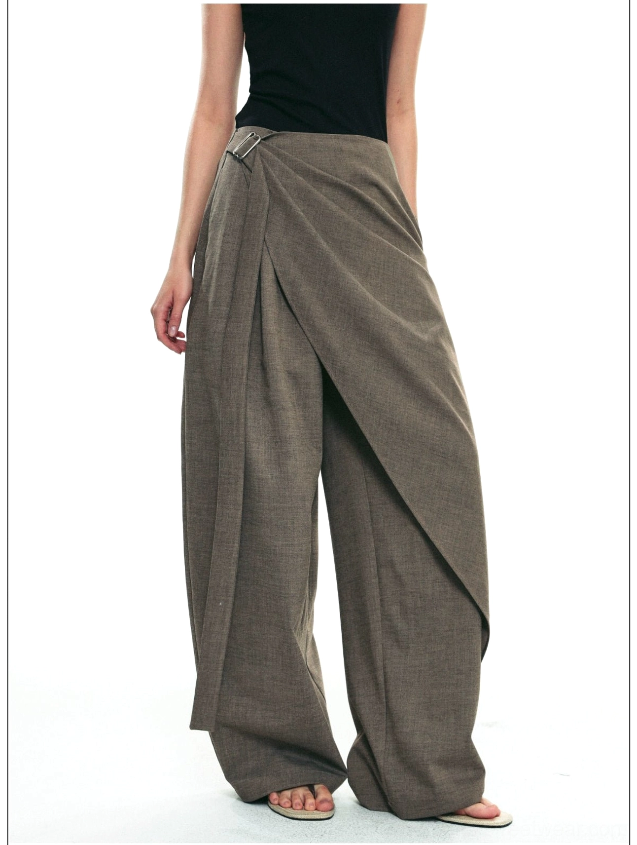 Asymmetric draped wrap wide-leg streetwear pants fashion product view for minimalist Seoul-inspired styling