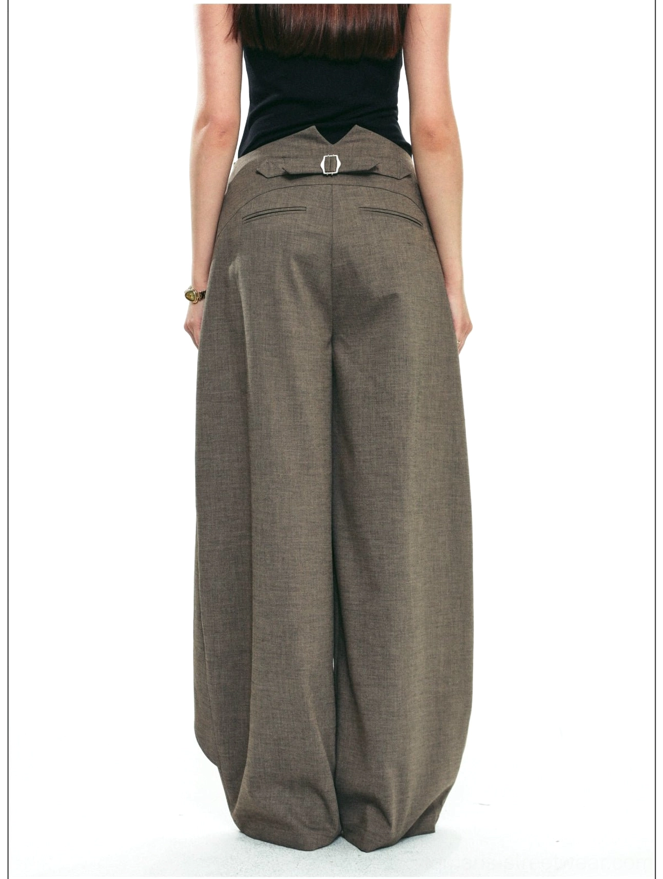 Asymmetric draped wrap wide-leg streetwear pants close product view highlighting the layered wrap design